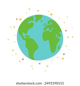 Abstract Earth globe with continents and oceans. Icon of world or planet drawn in doodle style. Colored flat vector illustration isolated on white background