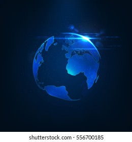 Abstract earth globe with eclipse and lens flare effect . Global network connection visualization . Realistic rays of light . Vector space background