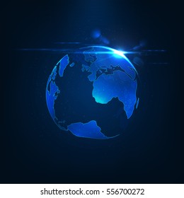 Abstract earth globe with eclipse and lens flare effect . Global network connection visualization . Realistic rays of light . Vector space background