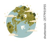 Abstract Earth globe with green continents and celestial oceans. Icon of world or planet drawn in doodle style. Colored flat vector illustration isolated on white background. Earth day.