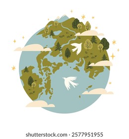 Abstract Earth globe with green continents and celestial oceans. Icon of world or planet drawn in doodle style. Colored flat vector illustration isolated on white background. Earth day.