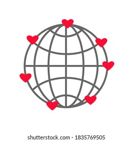 Abstract earth globe icon with meridians, red hearts. Vector 10 illustration for web apps