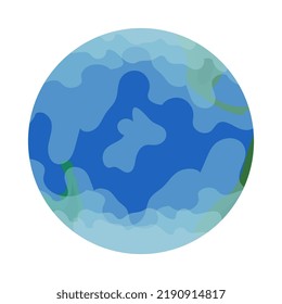 Abstract Earth globe with Pacific ocean and abstract continents on its side Planet in bright blue and green colors Vector illustration isolated on white background Flat cartoon style icon