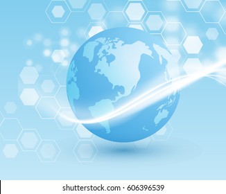 Abstract earth globe vector background with shiny hexagons.