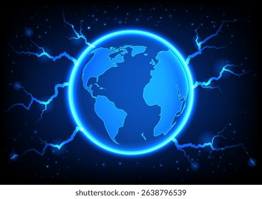 Abstract earth with lightning on blue background. global warming bad weather concept. Vector illustration.