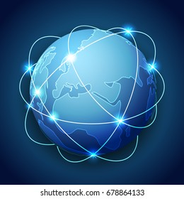 Abstract Earth with Planetary Ring Design. Network Link Around The World Technology Background. Vector Illustration