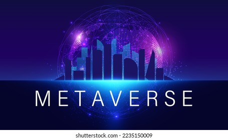 Abstract, Earth and Smart City, Metaverse, Virtual World, Online. 3D virtual reality environment in online, VR and AR format on blue and purple background. Modern, futuristic.