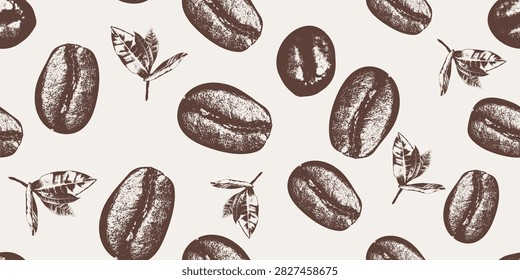 Abstract earth tones seamless pattern with roasted coffee beans and leaves. Roasted coffee seed illustration with grunge texture and no outline for natural eco food packaging design.