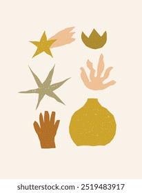 Formas de tons de terra abstratas e elementos botânicos. Perfeito para projetos minimalistas e naturais. Ícones orgânicos. Vasos, Folhas, Xícaras e Plantas. Arte vetorial isolada