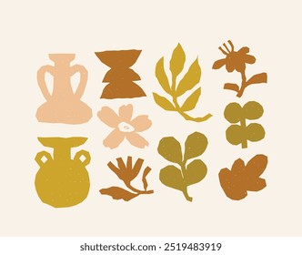 Abstract Earth-Toned Shapes and Botanical Elements. Perfect for Minimalist and Natural Designs. Organic Icons. Pots, Leaves, Cups, and Plants. Isolated Vector Art