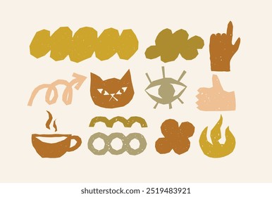 Abstract Earth-Toned Shapes and Botanical Elements. Perfect for Minimalist and Natural Designs. Organic Icons. Pots, Leaves, Cups, and Plants. Isolated Vector Art