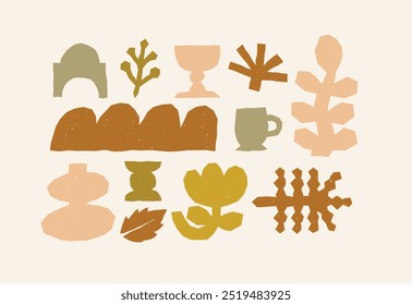 Abstract Earth-Toned Shapes and Botanical Elements. Perfect for Minimalist and Natural Designs. Organic Icons. Pots, Leaves, Cups, and Plants. Isolated Vector Art