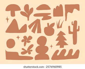 Abstract Earthy Nature Icon Organic Shapes. A collection of abstract nature-inspired icons in earthy tones, featuring organic shapes like trees, and plants, perfect for creative and rustic projects