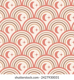 Abstract earthy Terracotta Crescent Moon with star on retro arches seamless pattern in tan and brown. For wallpaper, home décor and fabric 