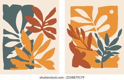 Abstract Earthy Warm Tones Botanical Minimalist Wall Art Vector Illustration Set of 2