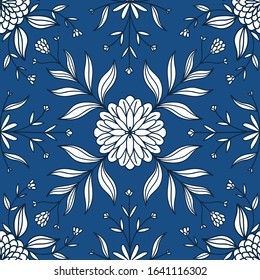 Abstract east oriental seamless pattern in hand-drawn style. Seamless background with flowers and leaves. Fabric and tile design, boho motif. Vector illustration.