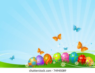 Abstract Easter background with Beautiful coloring Easter eggs on the meadow