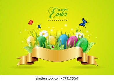 Abstract easter background with easter eggs, plants, butterflies, golden ribbon and daisy flowers - vector illustration