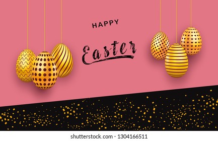 Abstract easter background with hanging golden eggs and confetti. Modern sale banner, poster, greeting card, promo or flyer design. Vector illustration