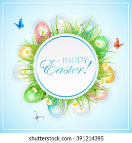 Abstract Easter background with round banner, colorful eggs in grass, ladybugs and flying butterflies, illustration.