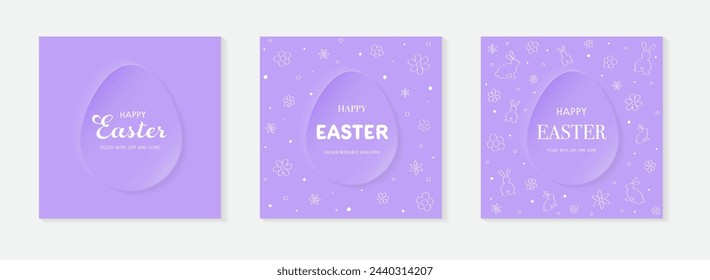 Abstract Easter backgrounds set. Concept of a paper cut egg, hand drawn flowers and bunnies. Greeting card. Vector illustration