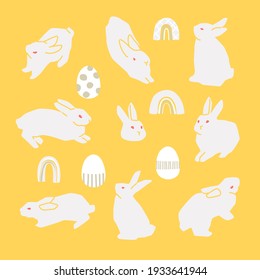 Abstract Easter bunnies, eggs, and rainbows. Modern flat illustrations set over yellow background. Different poses. Vector.