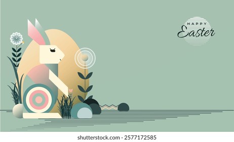 Abstract Easter bunny with pastel tones, geometric design, and floral accents on a minimalist green background,  Easter card, banner design. Vector illustration