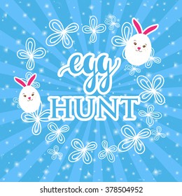 Abstract easter card with a cute white rabbits in a shape of easter egg on blue rays background, vector illustration. Happy easter card with text "Egg hunt"