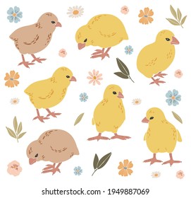 Abstract Easter chickens set, boho Easter chickens, Easter chicks decoration, isolated funny chicks, traditional elements, Happy Easter vector pattern