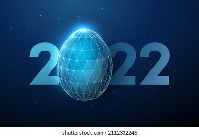Resumen de Huevo de Pascua con número 2022 Año. Tarjeta de felicitación. Diseño de bajo estilo polaco. Fondo geométrico abstracto. Estructura de la luz del bastidor de cables. Concepto gráfico 3d moderno. Ilustración vectorial aislada
