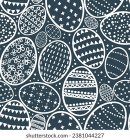 Abstract Easter egg pattern with simple Scandinavian decorations. Geometric designs and dots in blue and white colors make a simple modern design. 