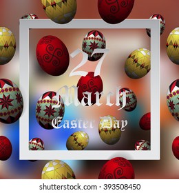 Abstract easter eggs greeting card - Easter Day - 27 March holiday background with paper cut frame and letters. Trendy design template. Vector illustration.