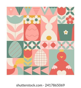 Abstract easter geometric poster, wall art. Cute happy easter vector design with bright bunny, egg, spring tulip.