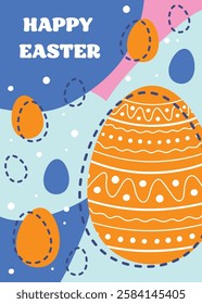 Abstract Easter greeting card with decorative egg. Cartoon style background. Vector illustration