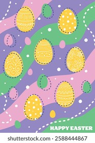 Abstract Easter greeting card with decorative egg. Cartoon style background. Vector illustration