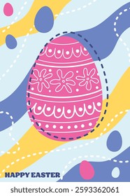 Abstract Easter greeting card with decorative egg. Cartoon style background. Vector illustration