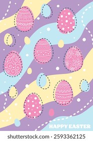 Abstract Easter greeting card with decorative egg. Cartoon style background. Vector illustration