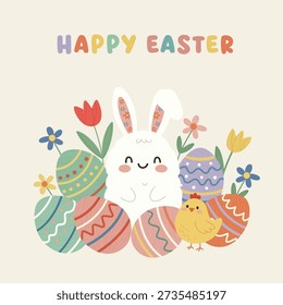 Abstractas tarjeta de felicitación de Pascua con un conejito blanco, huevos de colores, flores y un polluelo. Moderno estilo minimalista dibujado a mano de color plano. Diseño para postal, Anuncio, impresión, cubierta. Ilustración vectorial