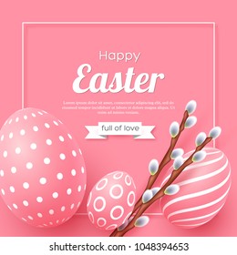 Abstract Easter pink background. Decorative 3d eggs with frame and willow branches. Vector illustration.