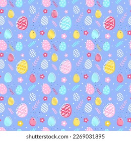 Abstract Easter texture with eggs and flowers on blue background. Minimal design. Vector illustration