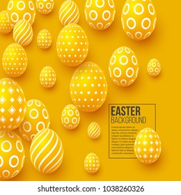 Abstract Easter yellow background. Decorative 3d eggs. Vector illustration.