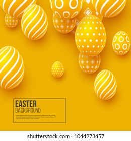 Abstract Easter yellow background. Decorative 3d eggs. Vector illustration.