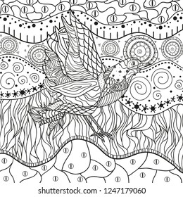 Abstract eastern pattern with bird on isolated white. Zentangle. Hand drawn abstract patterns on isolation background. Design for spiritual relaxation for adults. Black and white illustration