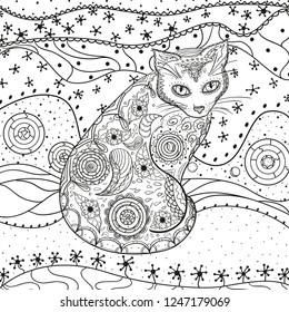 Abstract eastern pattern with cat on isolated white. Zentangle. Hand drawn abstract patterns on isolation background. Design for spiritual relaxation for adults. Black and white illustration