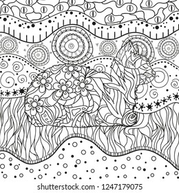 Abstract eastern pattern with cat on isolated white. Zentangle. Hand drawn abstract patterns on isolation background. Design for spiritual relaxation for adults. Black and white illustration