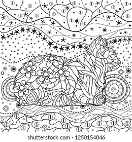 Abstract eastern pattern with cat on isolated white. Zentangle. Hand drawn abstract patterns on isolation background. Design for spiritual relaxation for adults. Black and white illustration