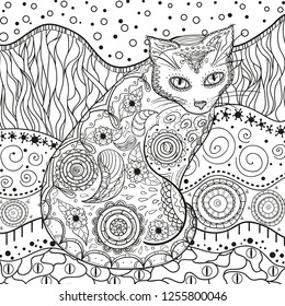 Abstract eastern pattern with cat on isolated white. Zentangle. Hand drawn abstract patterns on isolation background. Design for spiritual relaxation for adults. Black and white illustration