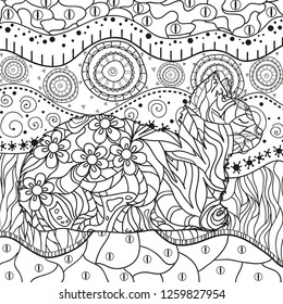 Abstract eastern pattern with cat on isolated white. Zentangle. Hand drawn abstract patterns on isolation background. Design for spiritual relaxation for adults. Black and white illustration