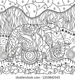 Abstract eastern pattern. Elephant on square mandala. Hand drawn animal with tribal patterns on isolation background. Design for spiritual relaxation for adults. Black and white illustration