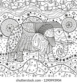 Abstract eastern pattern. Elephant on square mandala. Hand drawn animal with tribal patterns on isolation background. Design for spiritual relaxation for adults. Black and white illustration